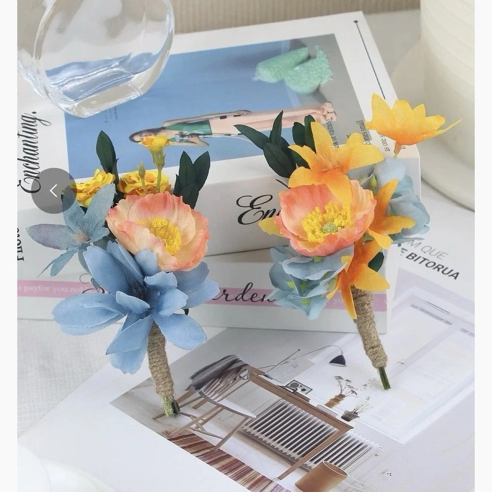 6 Pcs Apricot & Blue Boutonnieres